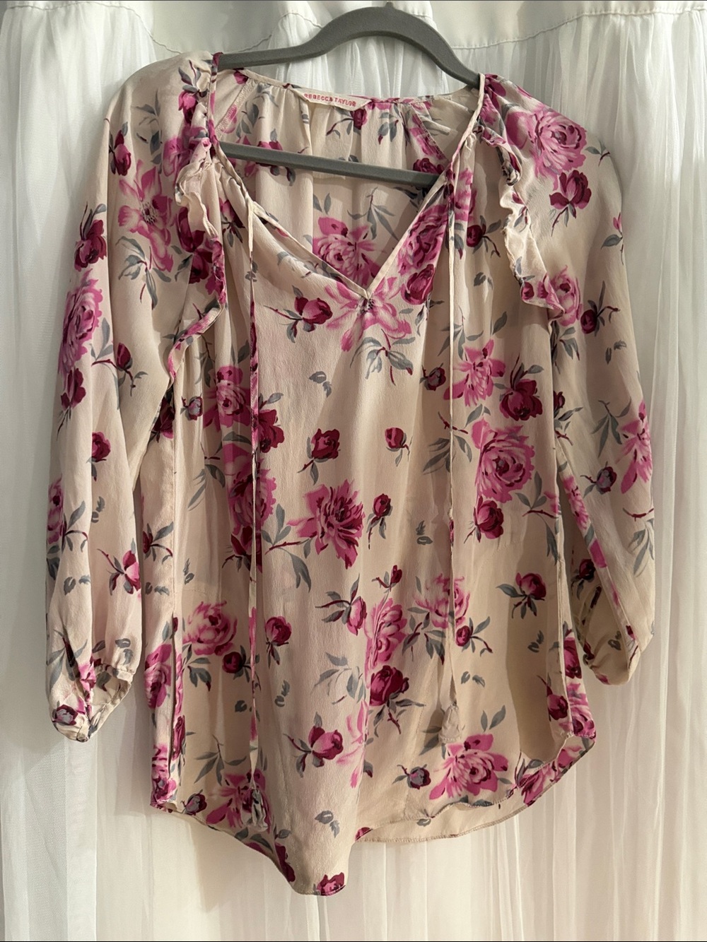 Rebecca Taylor Cream Floral Tie-Neck Blouse with Pink Roses
